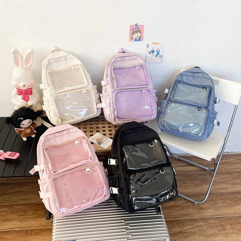 Mochila escolar Ita Bag rosa para mujer, mochila para colegio con bolsillos transparentes y gran capacidad