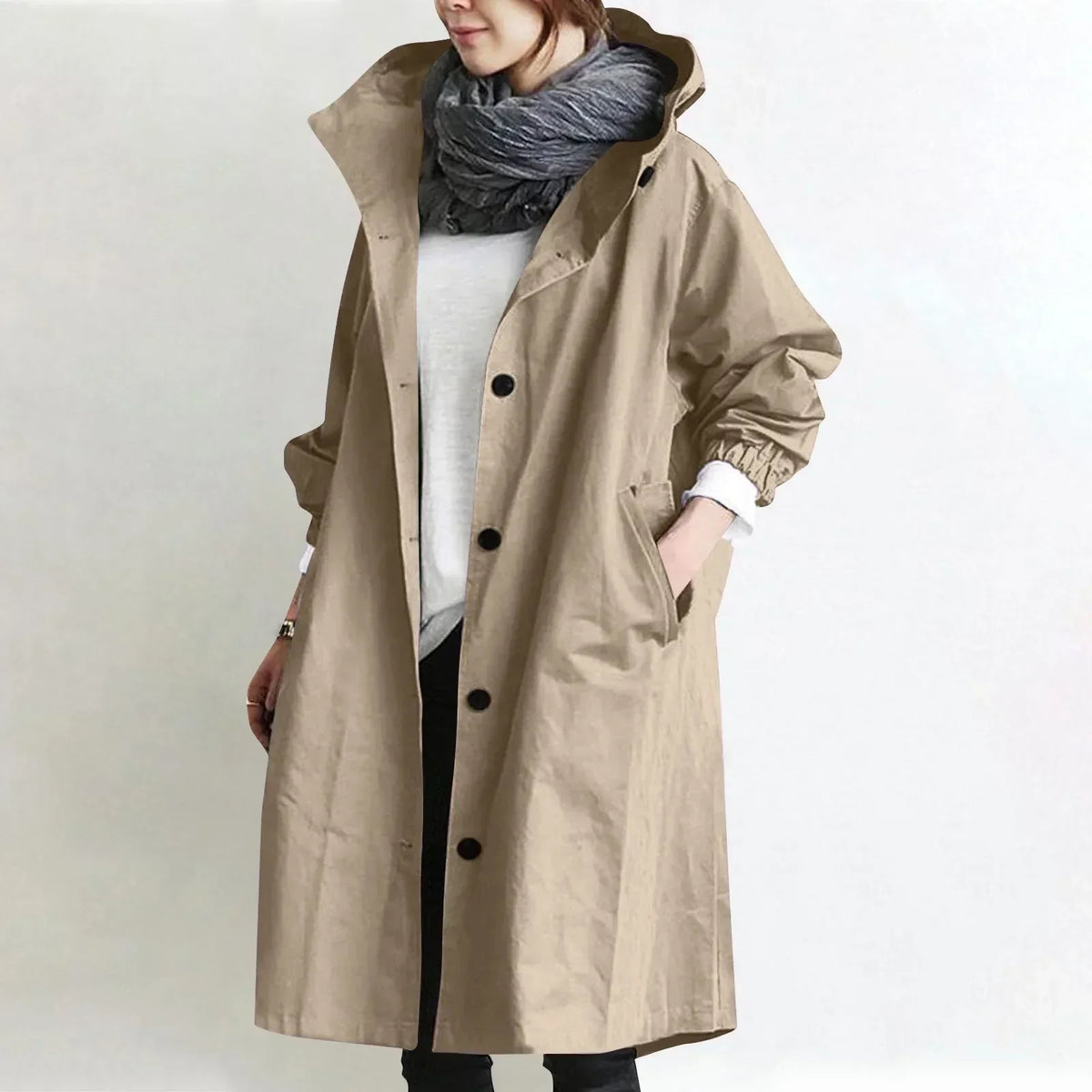 Trench largo para mujer con capucha, botones y bolsillos