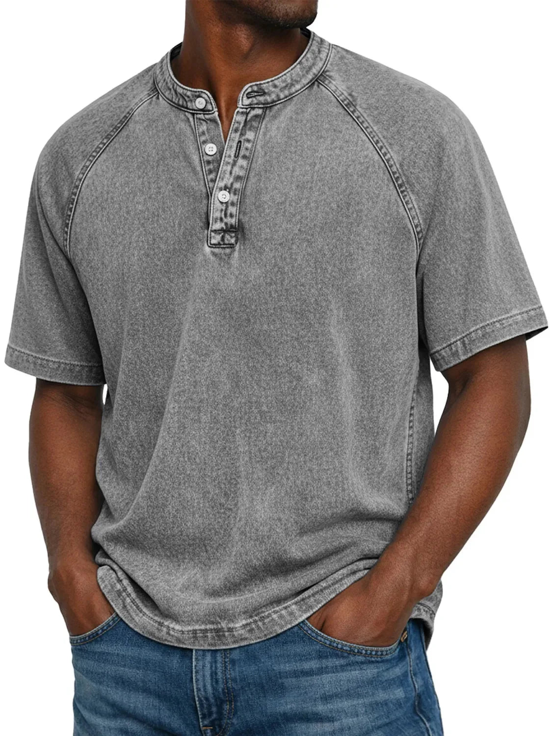 Camiseta hombre algodón cuello Henley manga corta efecto desgastado vintage casual