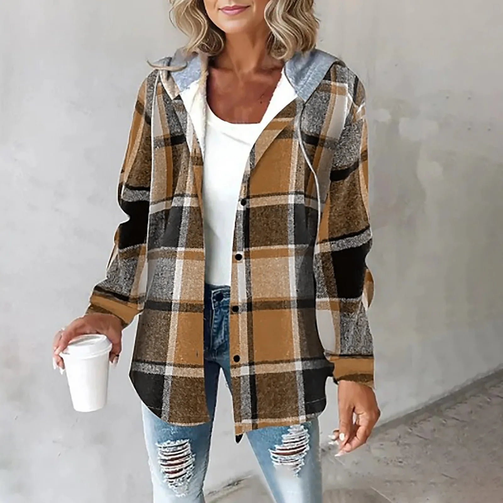 Chaqueta de otoño mujer con capucha y estampado a cuadros – chaqueta casual cálida