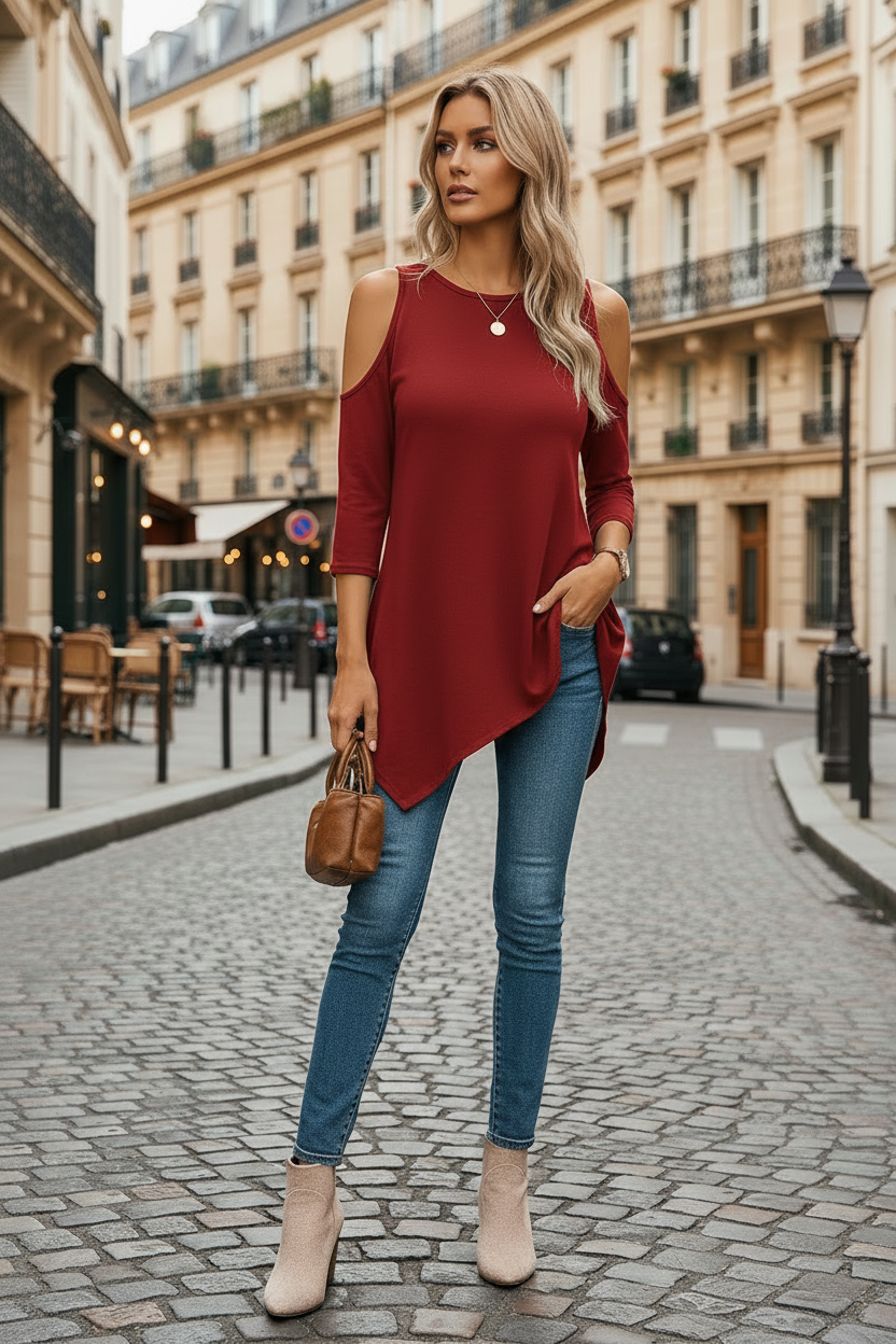 Blusa Mujer Asimétrica con Hombros Descubiertos – Estilo Moderno y Fluido