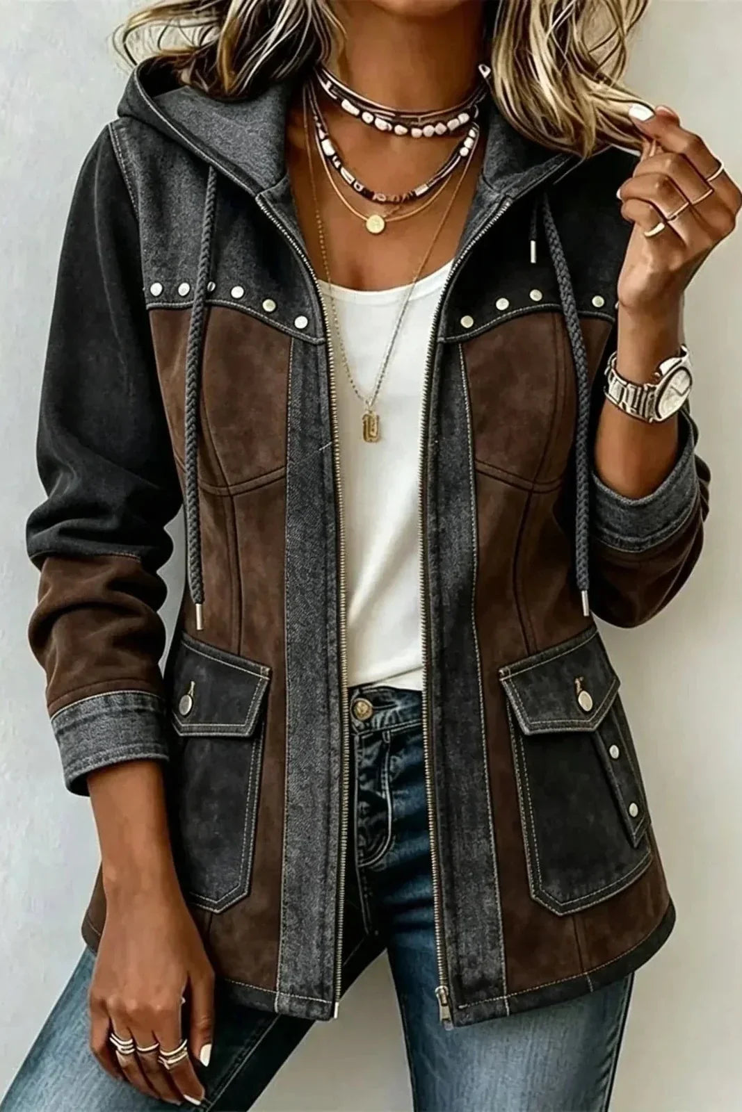 Chaqueta bicolor para mujer con capucha, cremallera y bolsillos
