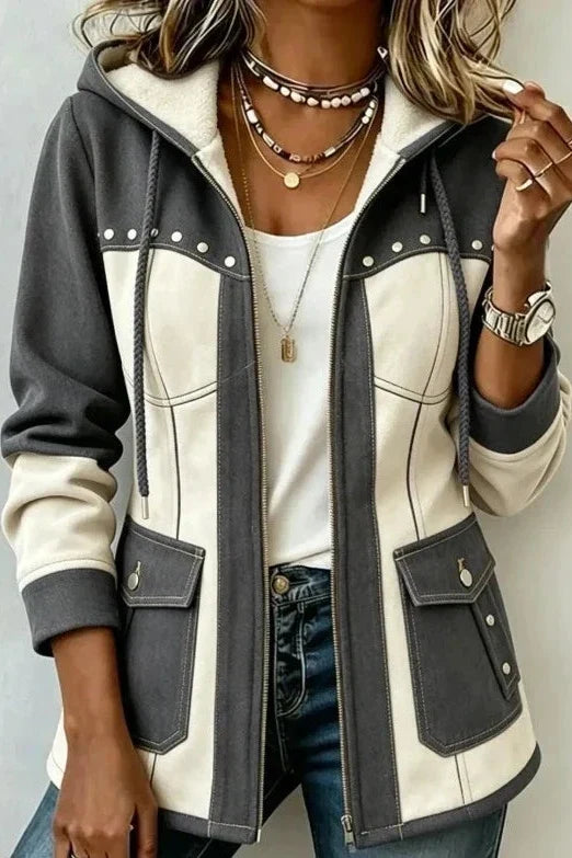 Chaqueta bicolor para mujer con capucha, cremallera y bolsillos