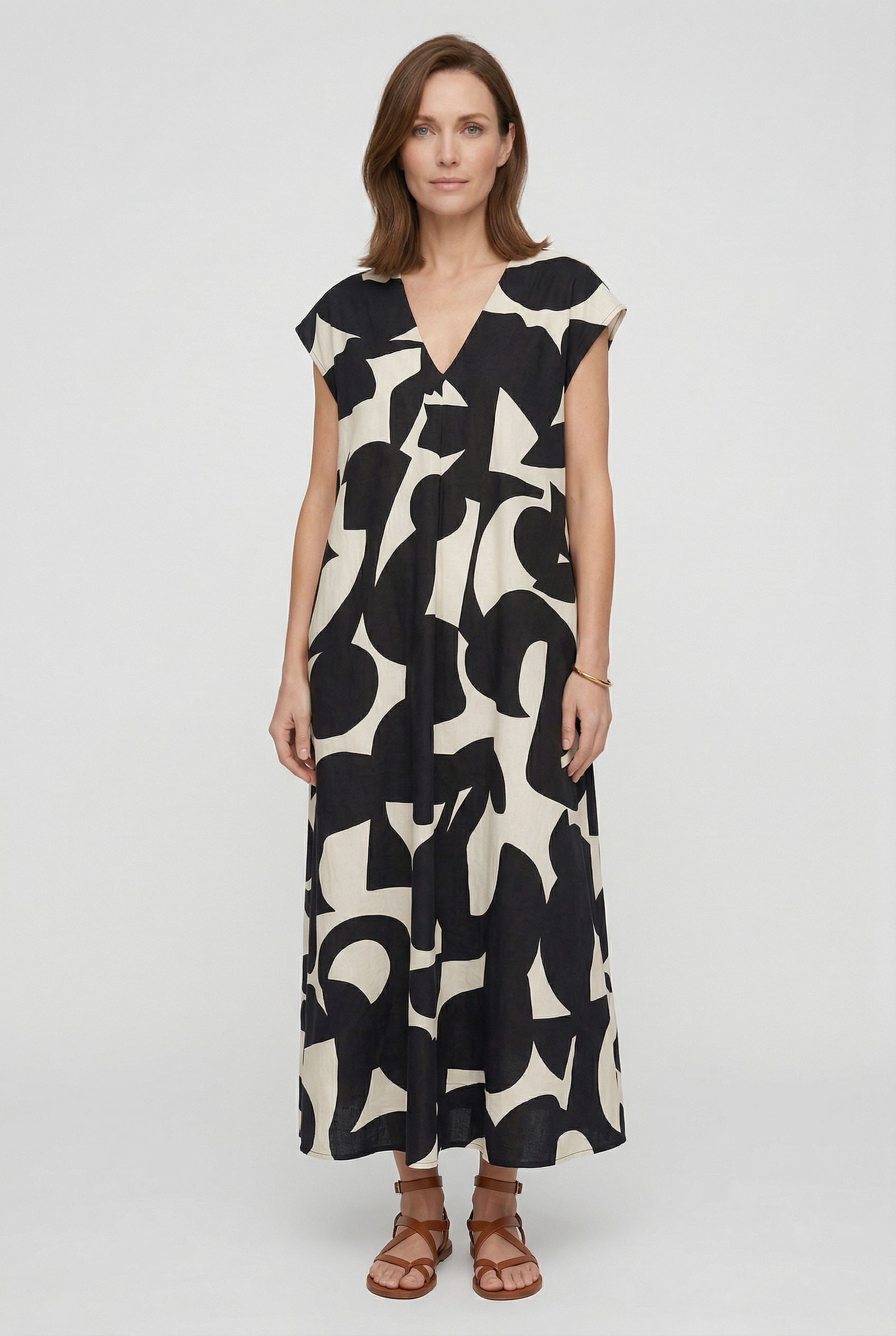 Vestido largo para mujer con estampado abstracto y escote en V