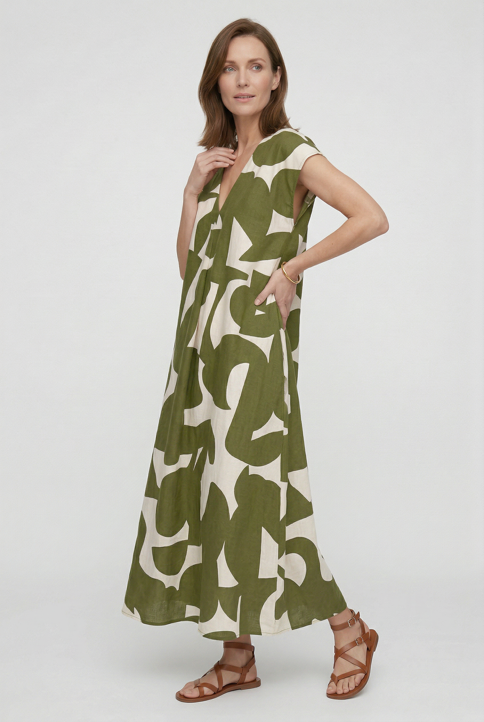 Vestido largo para mujer con estampado abstracto y escote en V