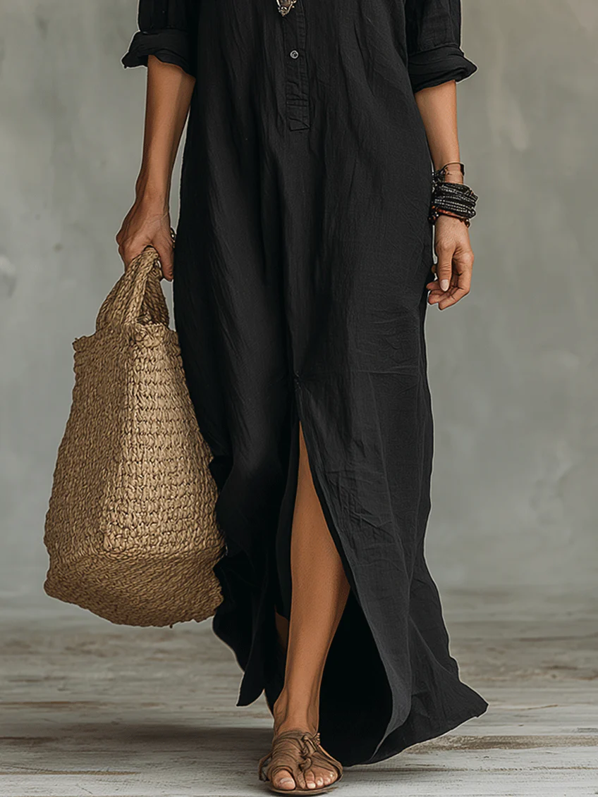 Vestido largo mujer fluido elegante con botones – vestido camisero ligero estilo atemporal