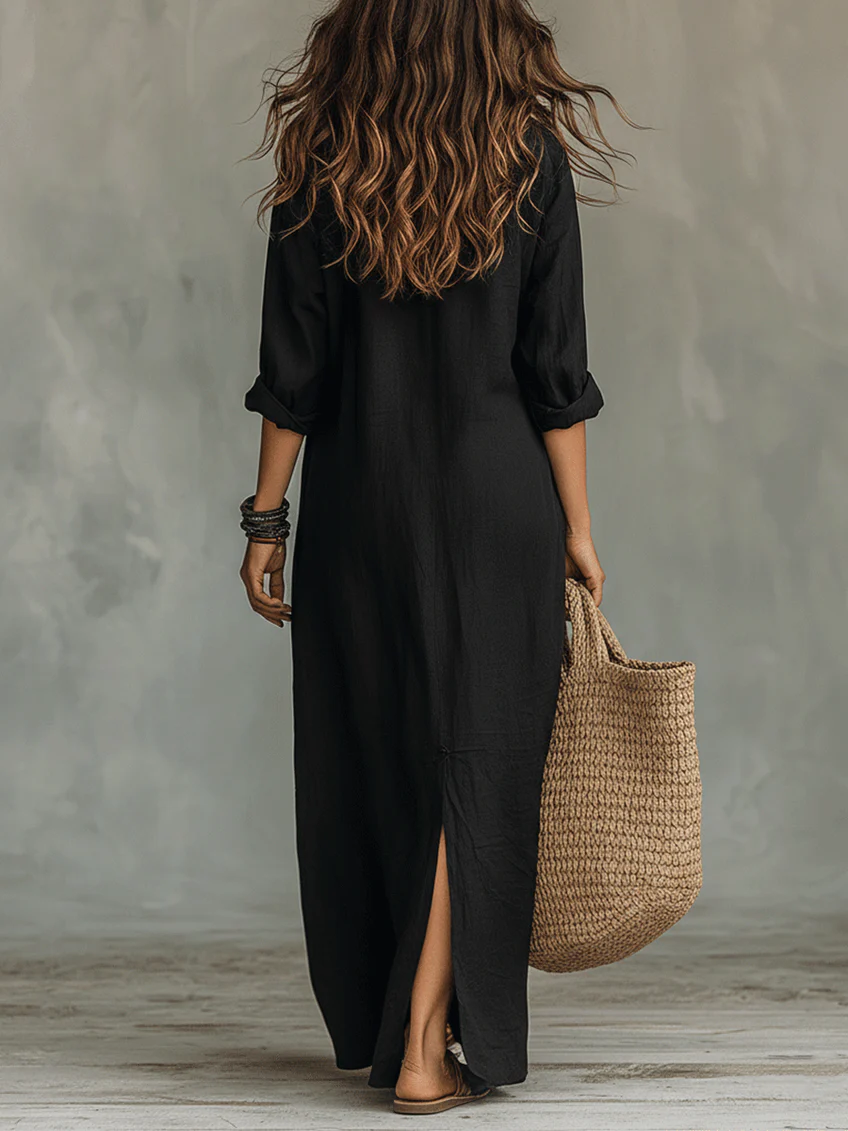 Vestido largo mujer fluido elegante con botones – vestido camisero ligero estilo atemporal