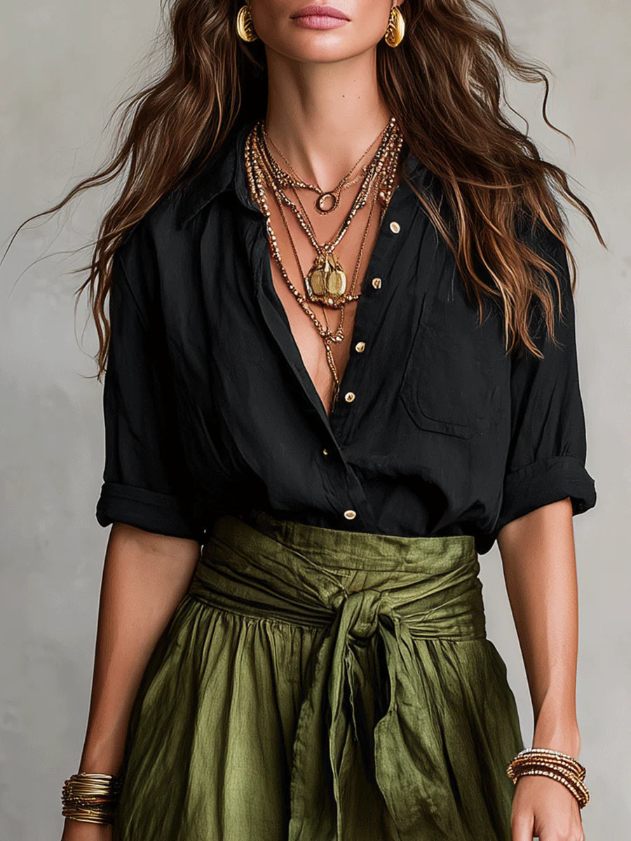 Conjunto mujer elegante falda midi verde y blusa negra – look verano
