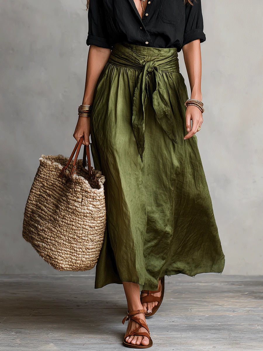 Conjunto mujer elegante falda midi verde y blusa negra – look verano