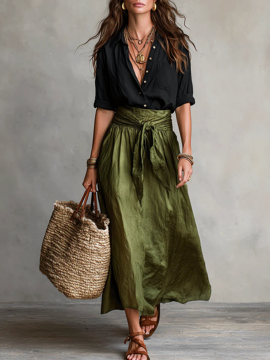 Conjunto mujer elegante falda midi verde y blusa negra – look verano
