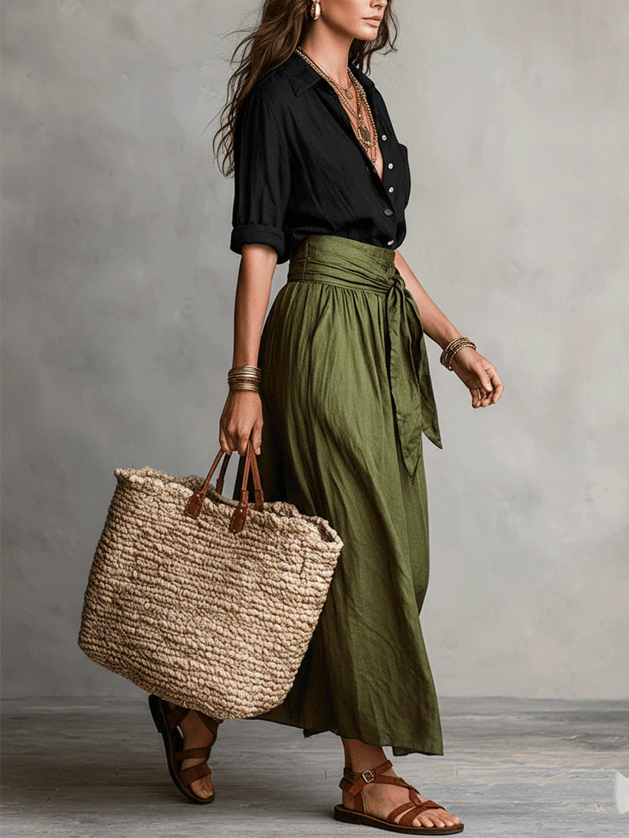 Conjunto mujer elegante falda midi verde y blusa negra – look verano