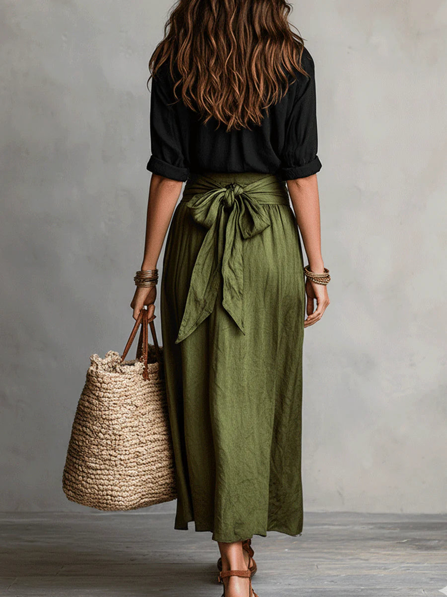 Conjunto mujer elegante falda midi verde y blusa negra – look verano
