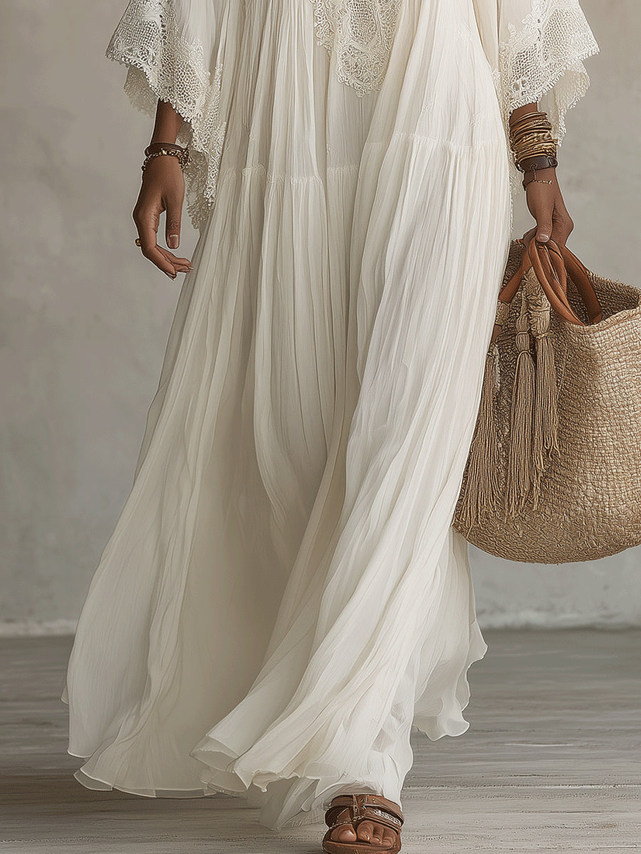Vestido largo mujer bohemio con encaje y escote en V