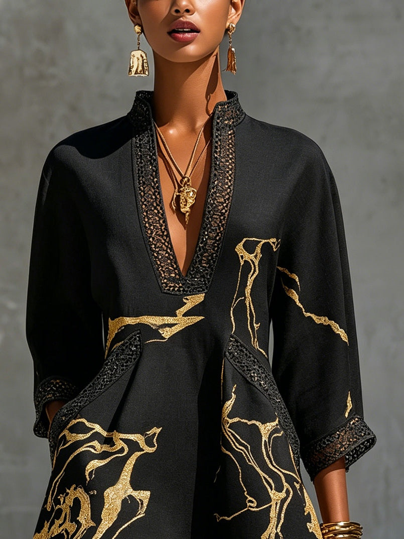 Vestido mini mujer negro con estampado dorado y encaje