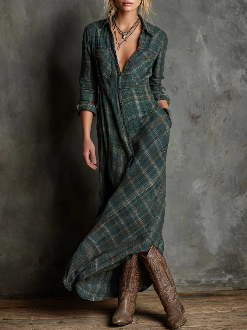 Vestido camisero largo a cuadros para mujer con cierre de botones