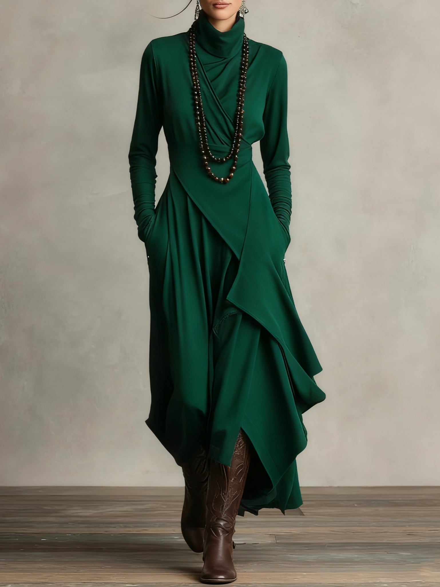 Vestido Maxi Mujer Cuello Alto Asimétrico – Estilo Boho Elegante