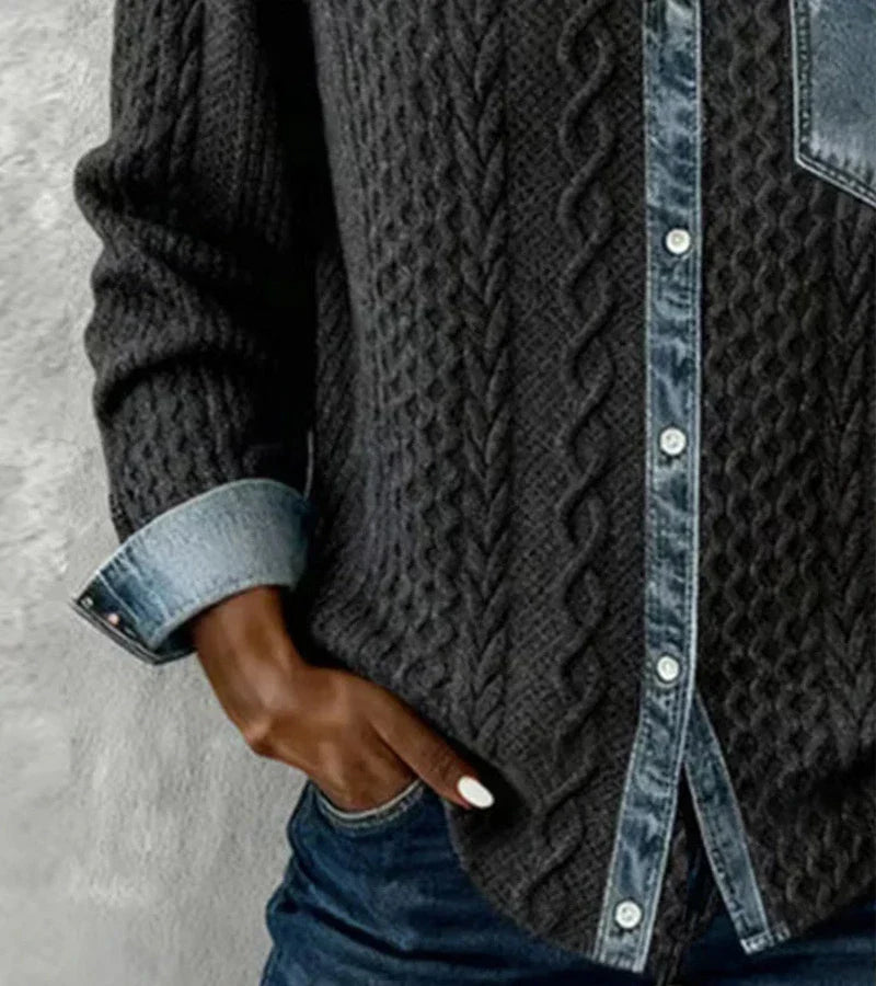 Top Mujer Tejido Con Detalles Denim – Estilo Casual Elegante y Cálido