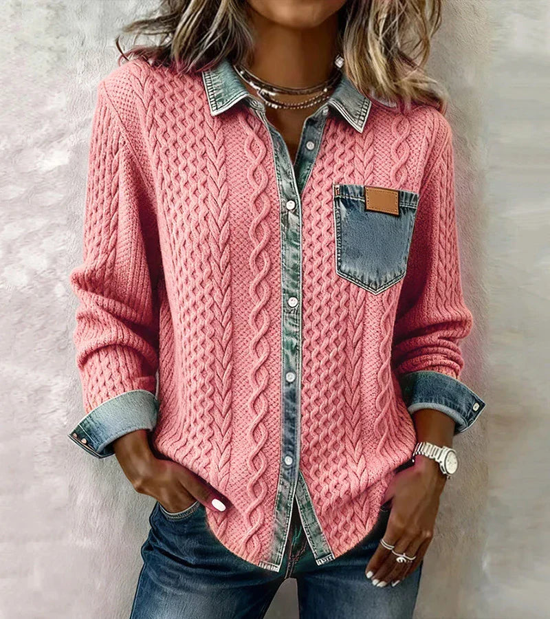 Top Mujer Tejido Con Detalles Denim – Estilo Casual Elegante y Cálido