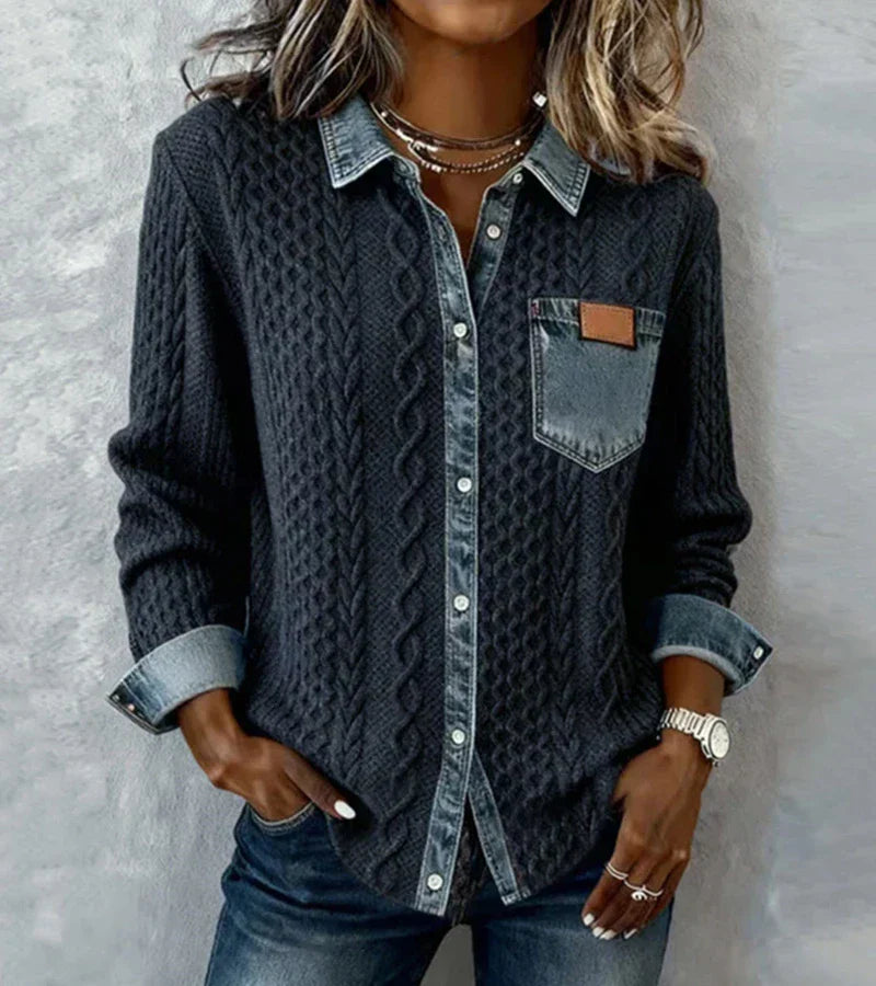 Top Mujer Tejido Con Detalles Denim – Estilo Casual Elegante y Cálido