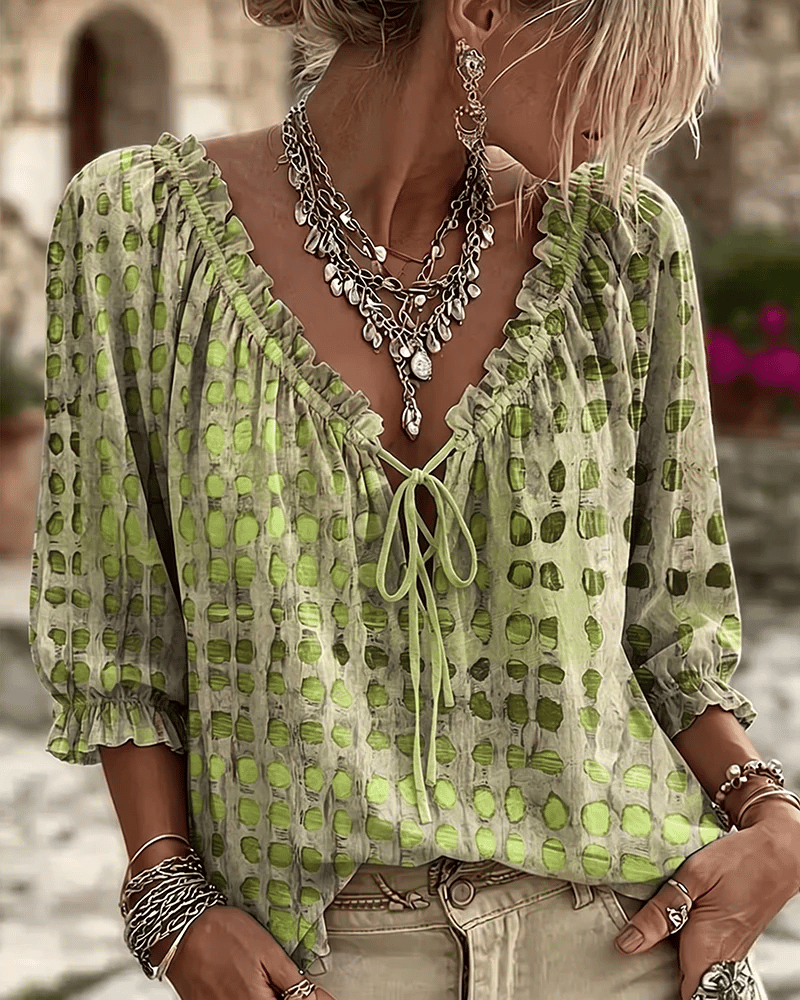 Blusa mujer de lunares con escote en V y cordón ajustable