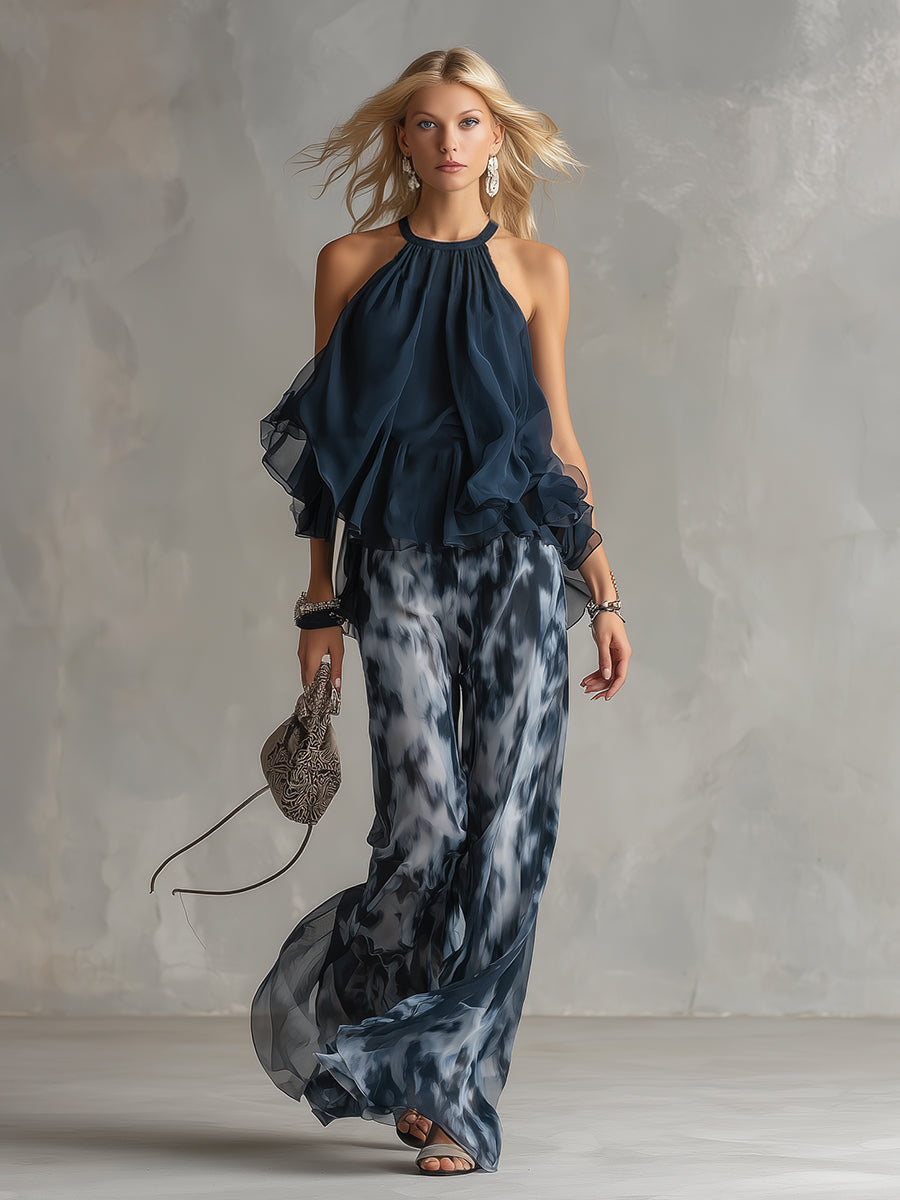 Conjunto dos piezas mujer chiffon top halter volantes pantalón ancho elegante