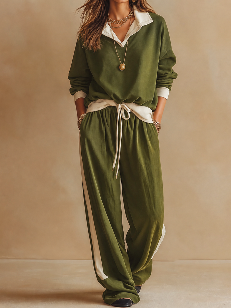 Conjunto de dos piezas para mujer con blusa de cuello polo y pantalón ancho