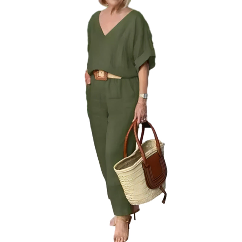 Conjunto mujer cuello V pantalón recto bolsillos casual chic