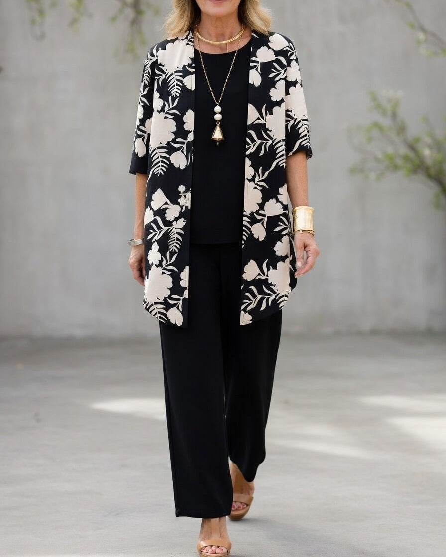 Conjunto mujer 3 piezas elegante – pantalón fluido y chaqueta floral