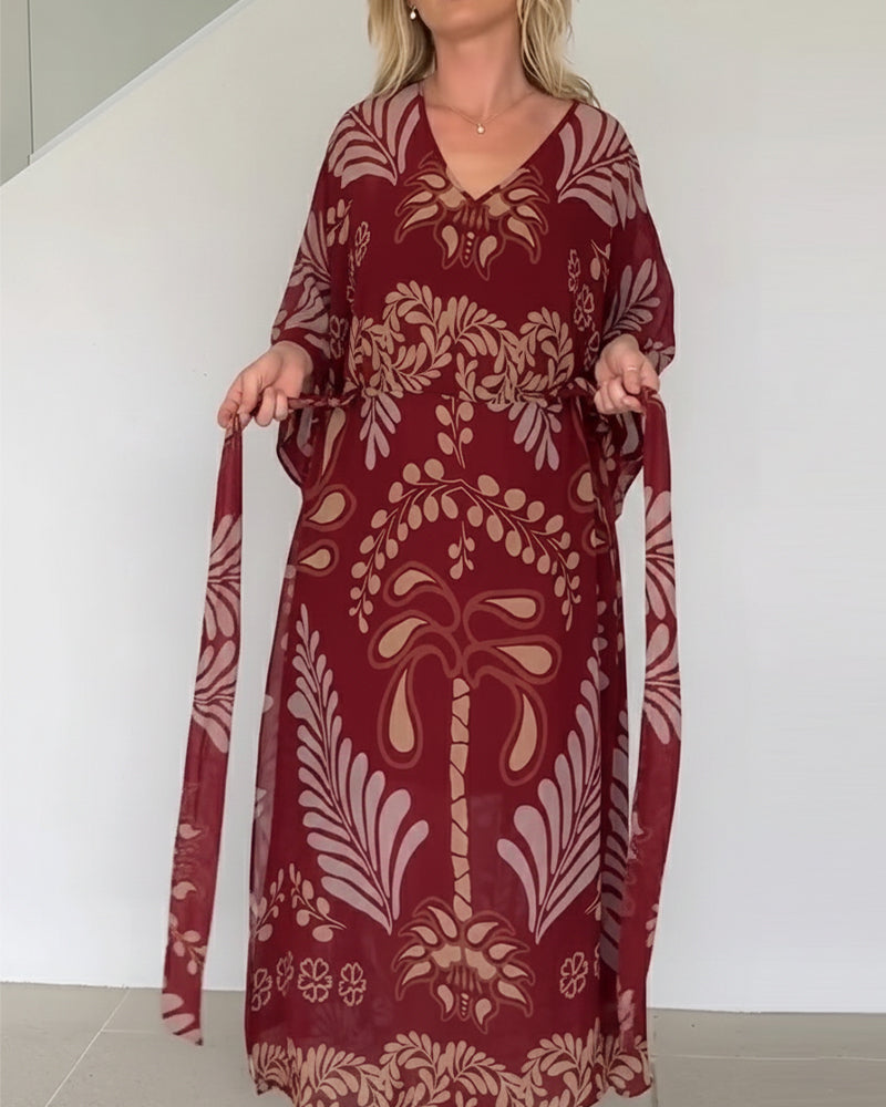 Vestido bohemio mujer maxi estampado hojas fluido elegante