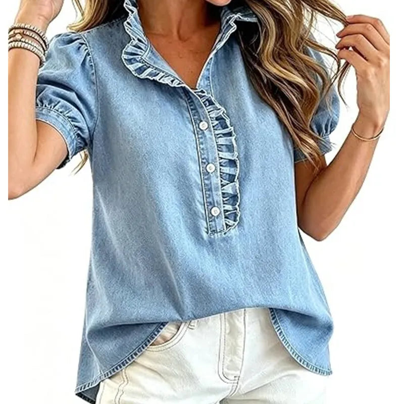 Top denim mujer con cuello volante y mangas abullonadas