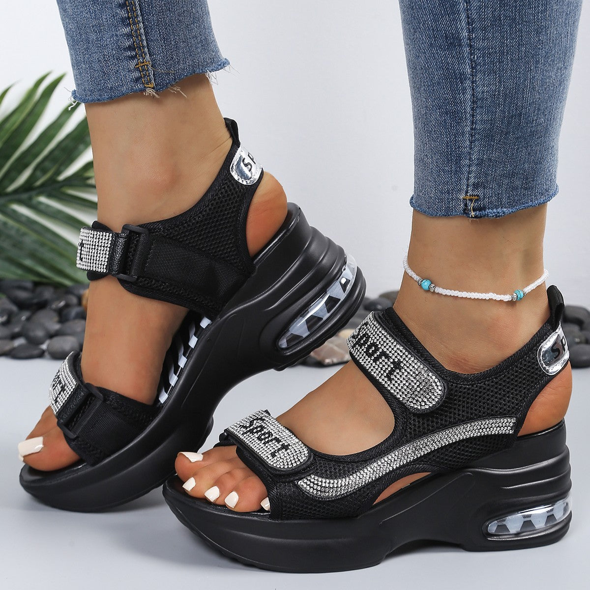 Sandalias mujer plataforma strass velcro suela aire deportivas casual verano