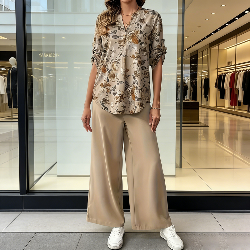 Conjunto Mujer Floral Elegante – Blusa Ligera con Pantalón Fluido