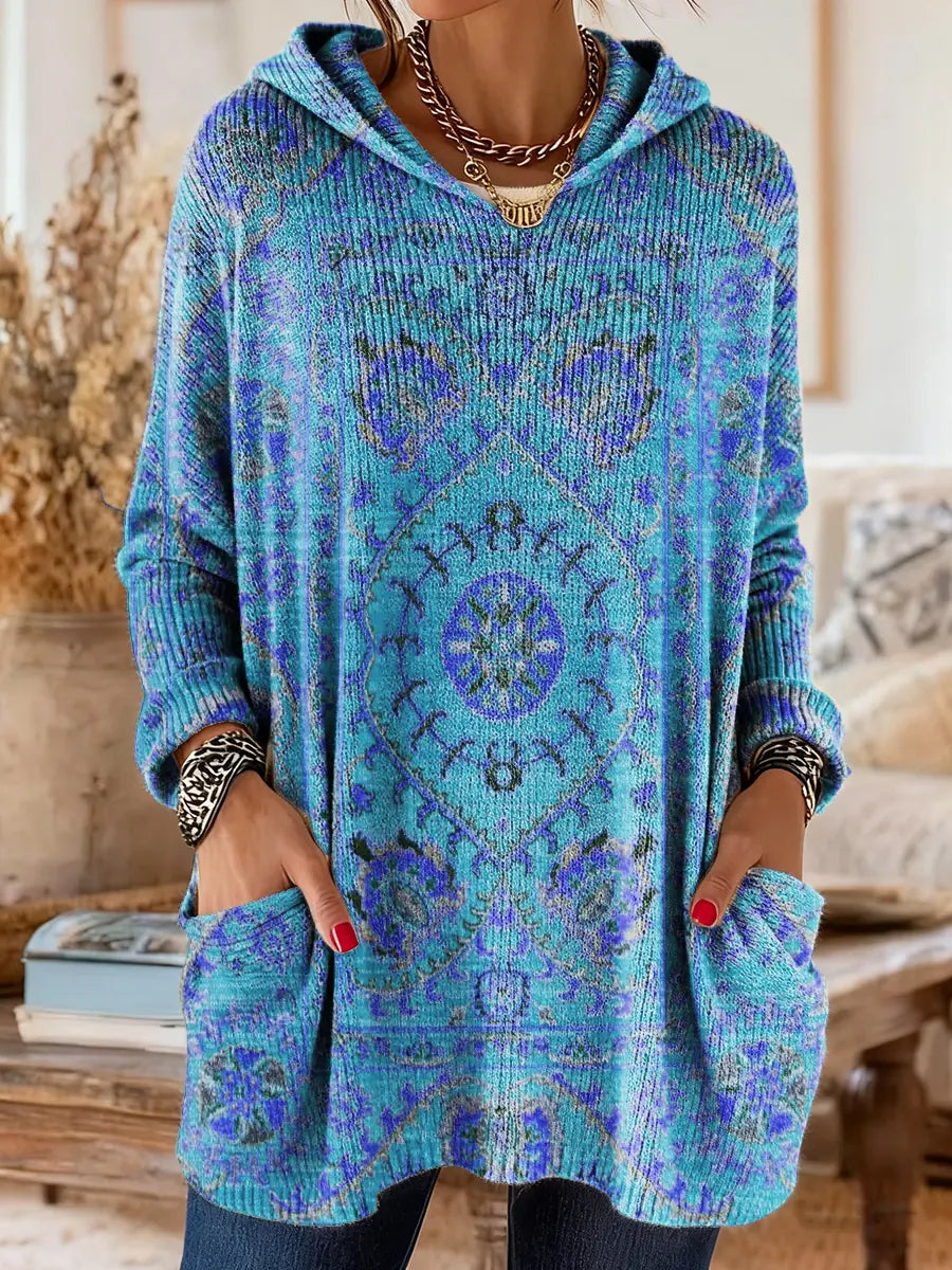 Túnica mujer con capucha retro estampada – cómoda y cálida