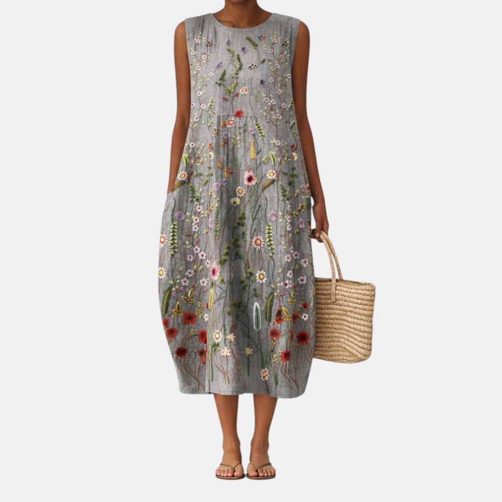 Vestido midi mujer algodón viscosa bordado floral sin mangas