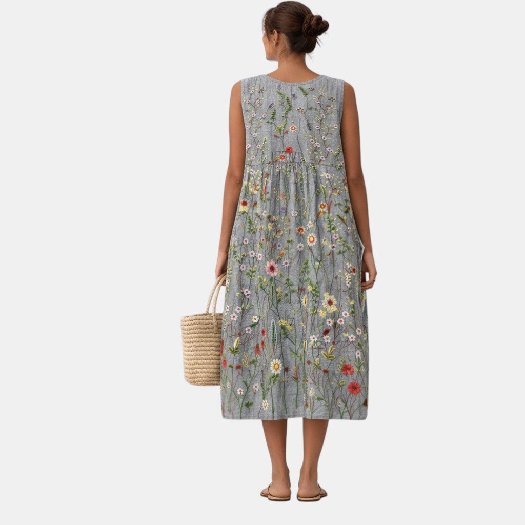 Vestido midi mujer viscosa floral sin mangas para verano
