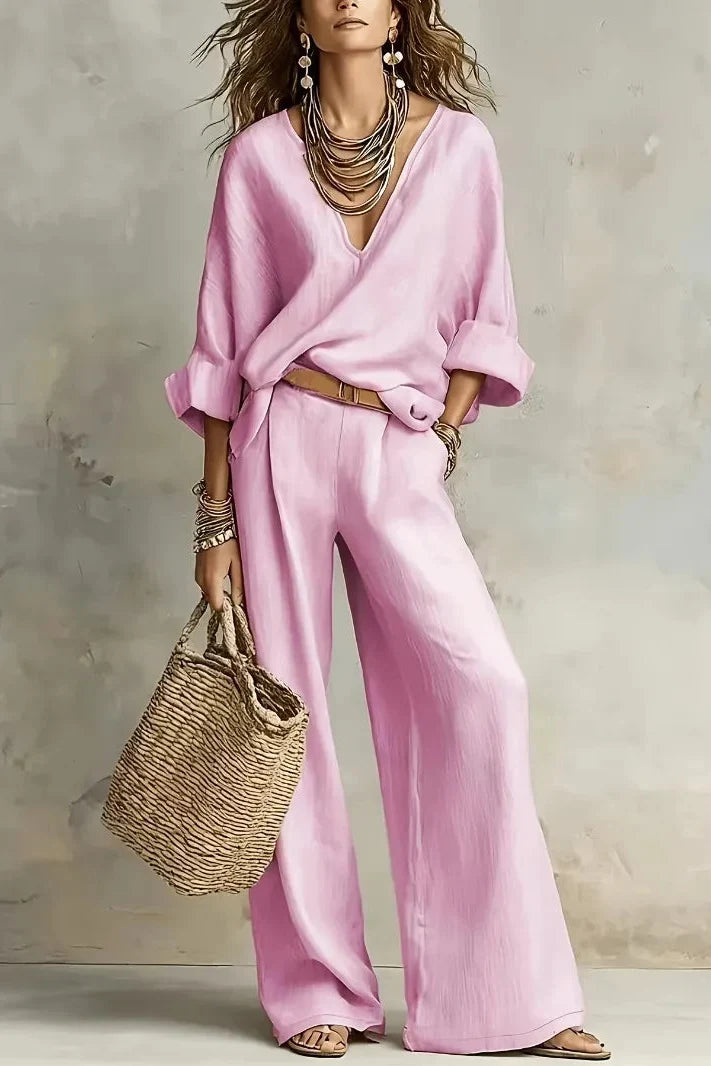 Conjunto mujer con escote en V y pantalón ancho