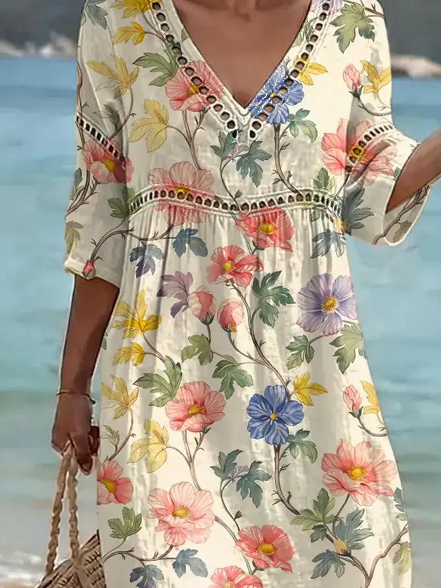 Vestido midi mujer floral con escote en V y mangas 3/4