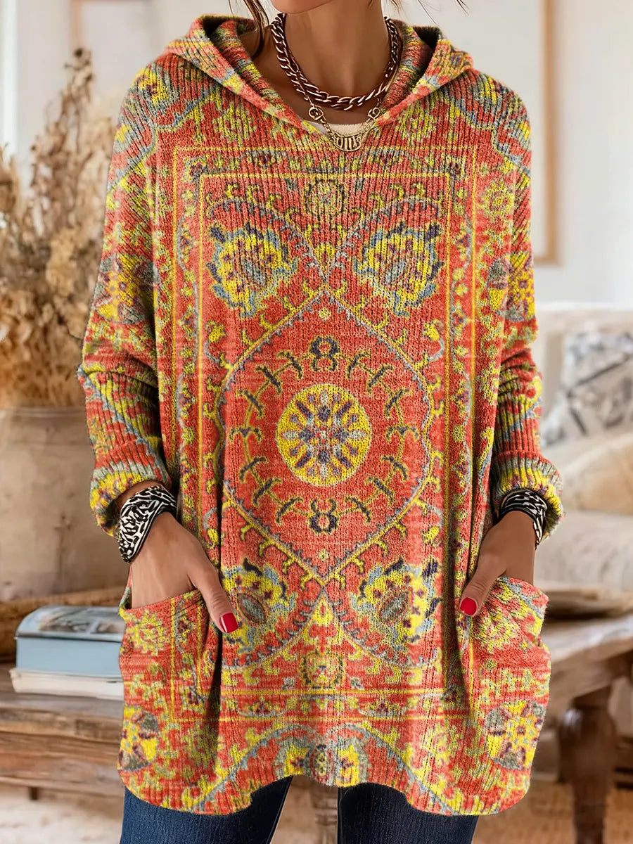 Túnica mujer con capucha retro estampada – cómoda y cálida