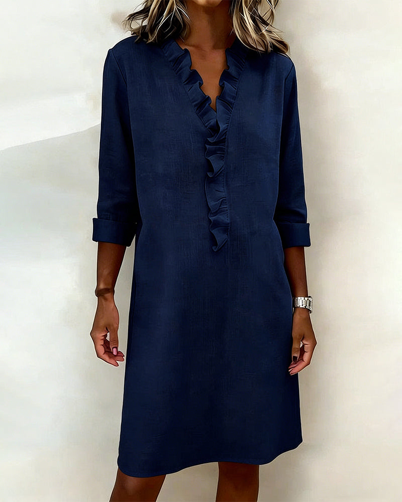 Vestido mujer lino algodón escote V volantes elegante casual