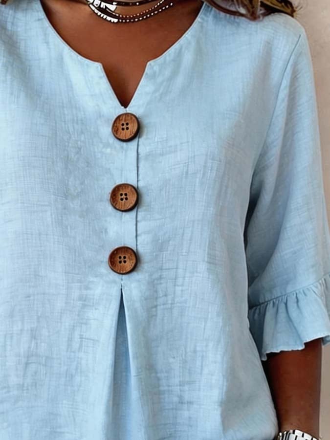 Blusa mujer botones mangas volante – casual elegante ligera