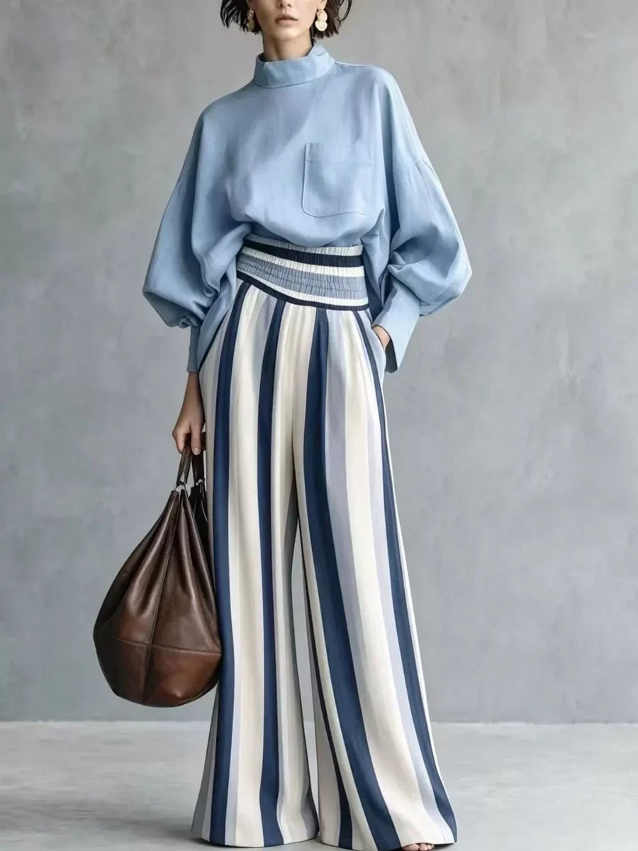 Conjunto de dos piezas para mujer con pantalón ancho a rayas