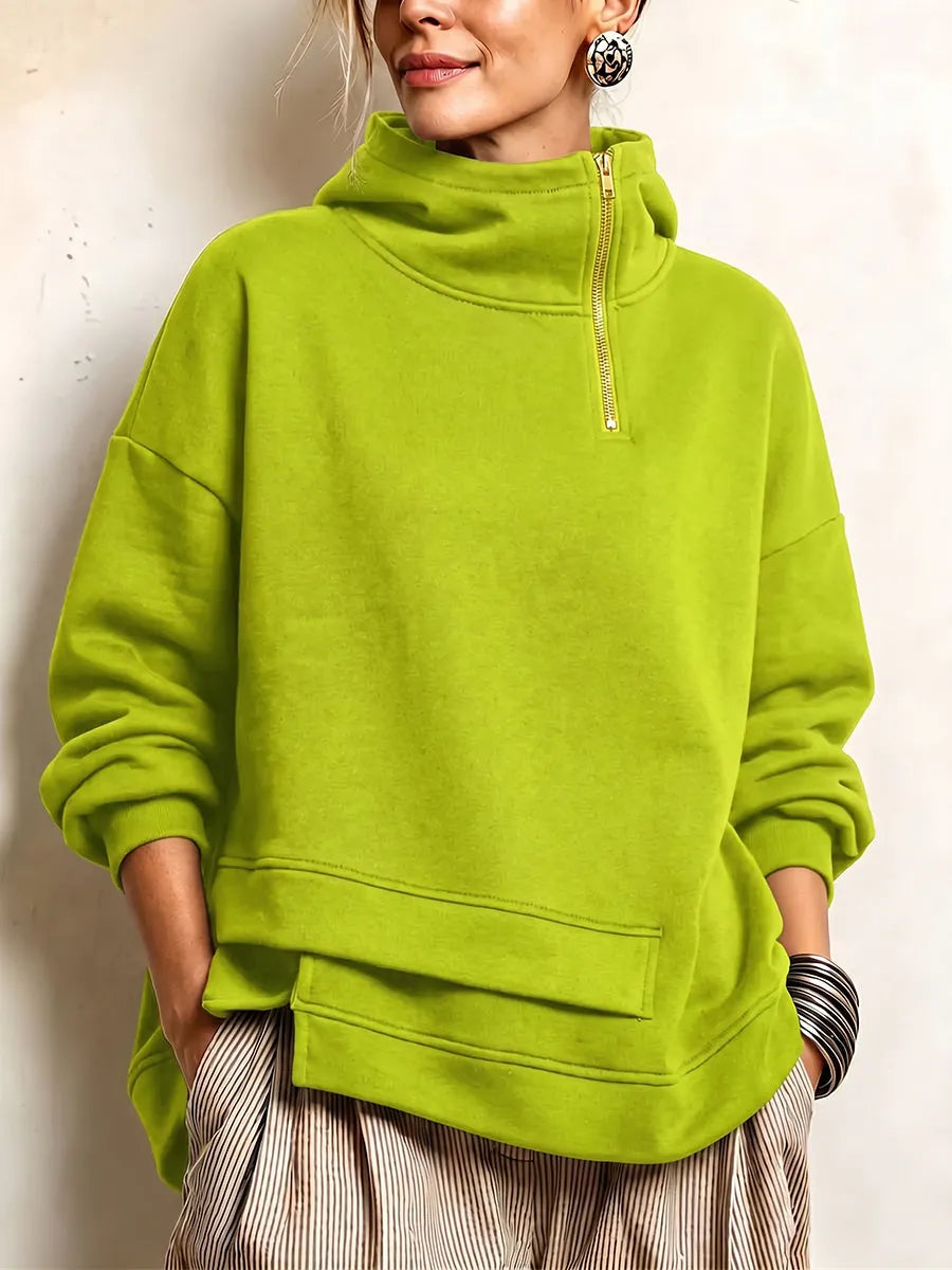 Sudadera oversize para mujer con cuello alto y cremallera asimétrica