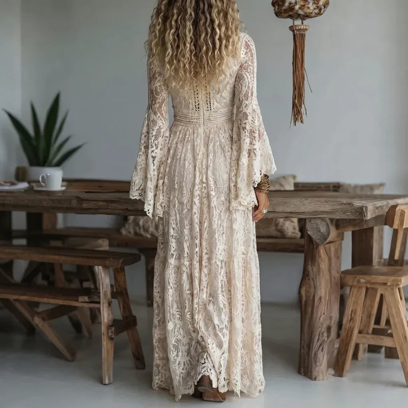 Vestido largo mujer de encaje vintage con mangas acampanadas