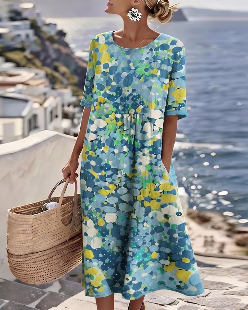 Vestido midi mujer algodón lino estampado flores abstractas bolsillos verano