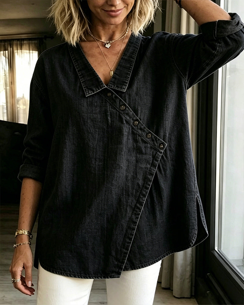 Blusa de mujer con botones diagonales y cuello de estilo camisero
