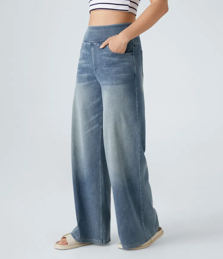 Jean mujer pierna ancha talle alto denim elástico moldeador casual moderno
