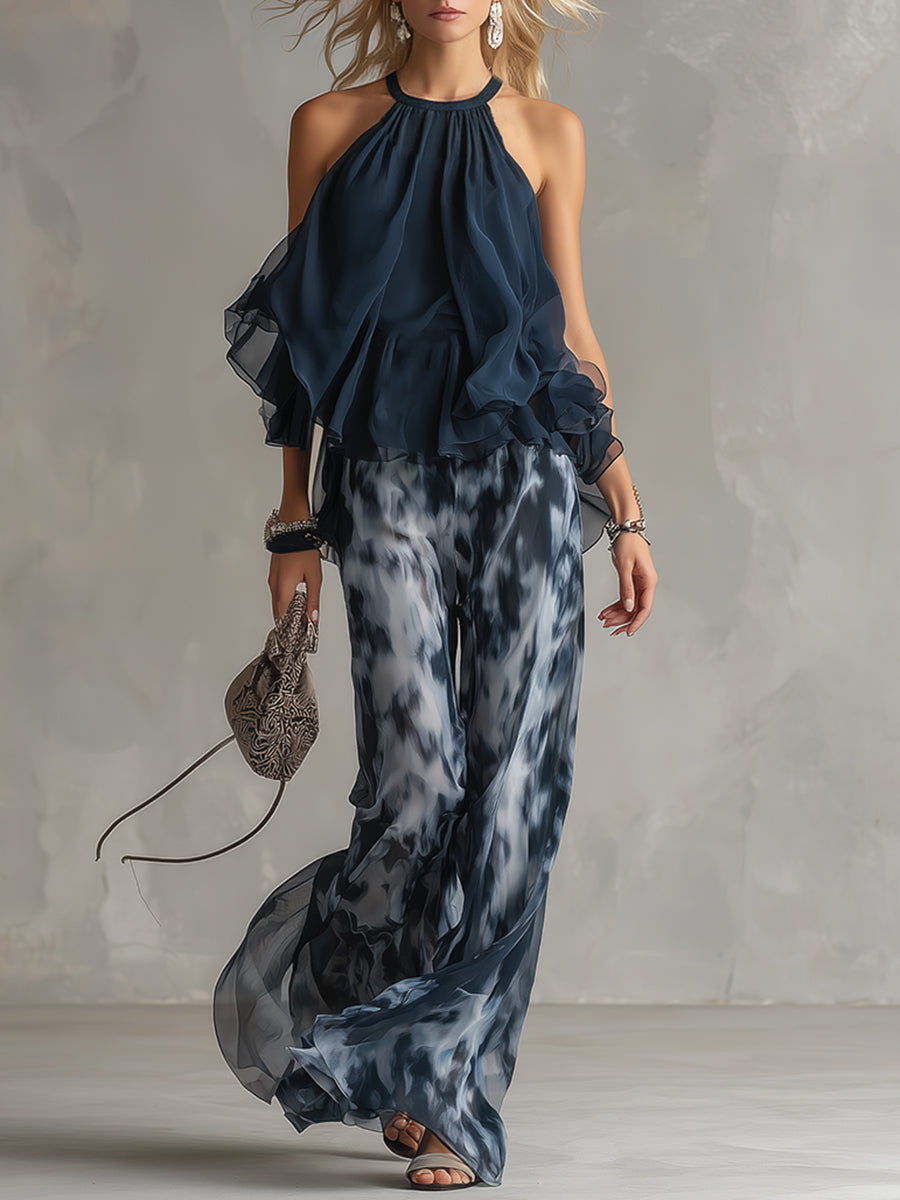 Conjunto dos piezas mujer chiffon top halter volantes pantalón ancho elegante
