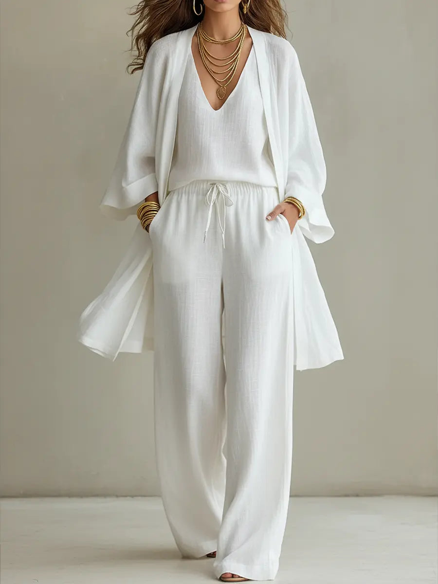 Conjunto mujer algodón lino tres piezas – outfit minimalista elegante
