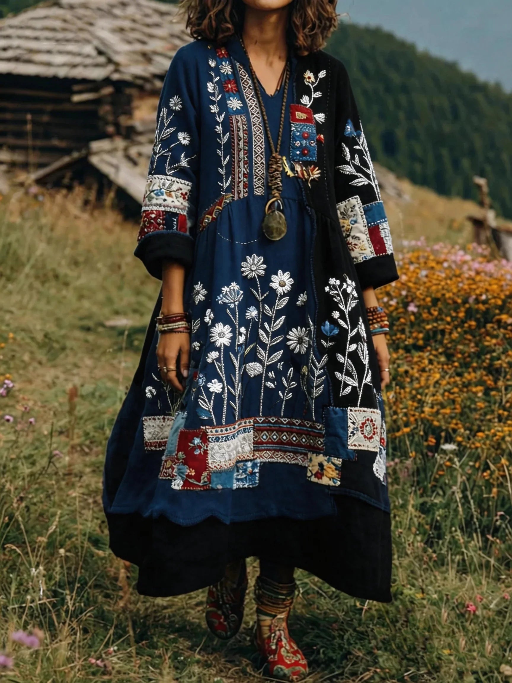 Vestido bohemio mujer patchwork bordado largo – vestido étnico elegante fluido