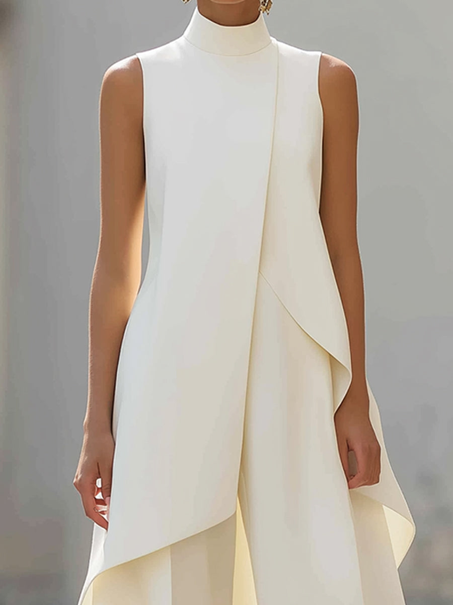 Mono de mujer con cuello alto, panel asimétrico y pantalón ancho